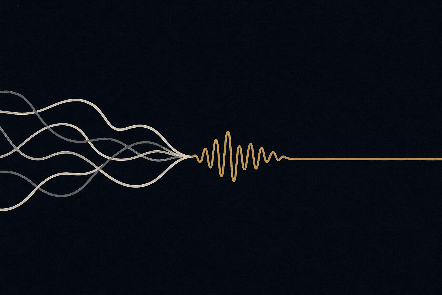 Tangled strands of a week converging into a single voice memo waveform, resolving into one clean gold line.
