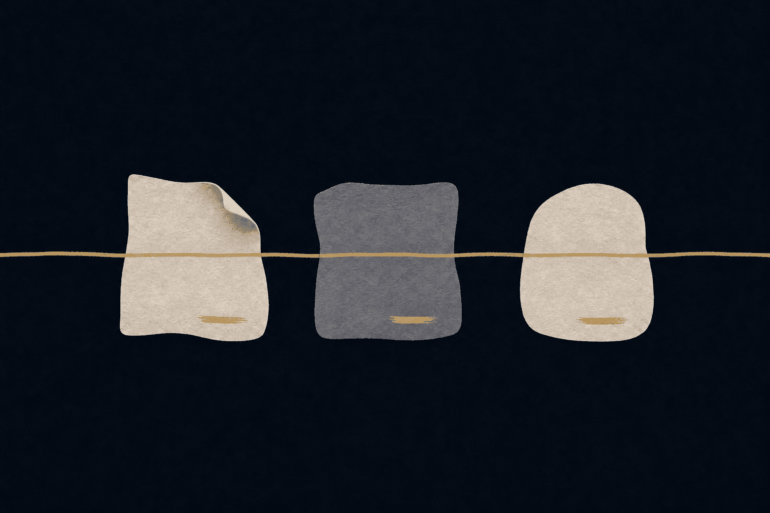 Three findings set out in a row, strung on a single gold line, each marked with a gold stroke.